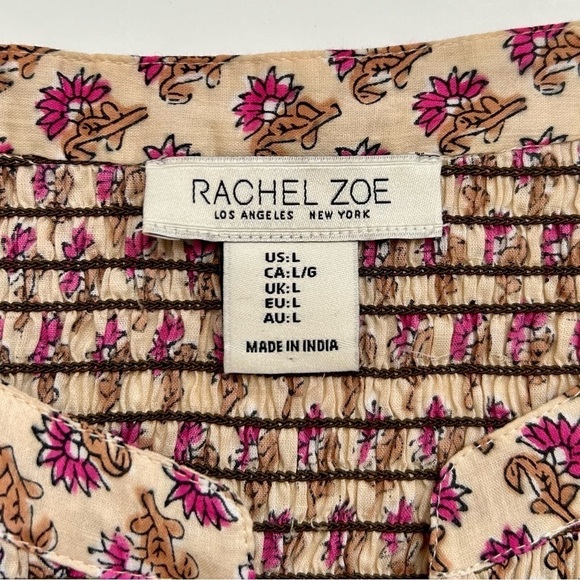 Rachel Zoe Pink Floral Boho Peasant Blouse Smocked Tie Neck Size L - Picture 8 of 10